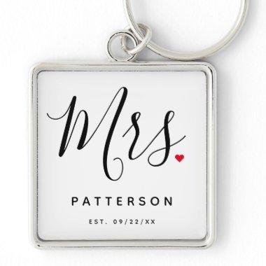 Stylish Mrs. Custom Last Name & Date Wedding Keychain