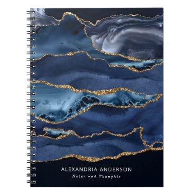 Stylish Navy Blue Marble Gold Glitter Agate Geode Notebook