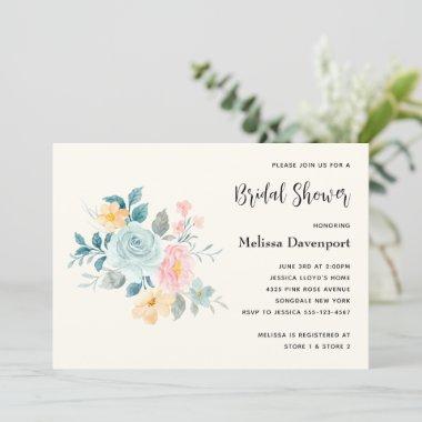Stylish Pink & Blue Flower Bouquet Bridal Shower Invitations