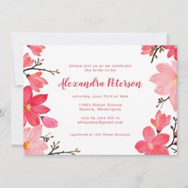 Stylish Pink Red Floral Script Bridal Shower Invitations