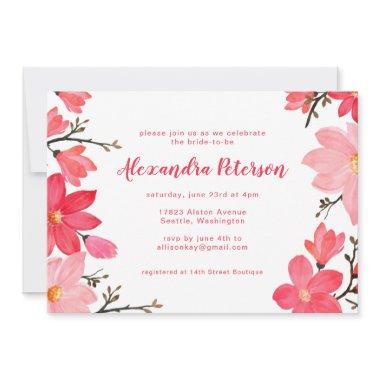 Stylish Pink Red Floral Script Bridal Shower Invitations