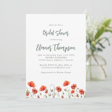 Stylish Red Poppy Garden Floral Bridal Shower Invitations