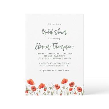 Stylish Red Poppy Garden Floral Bridal Shower Invitations