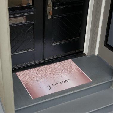 Stylish Rose Gold Glitter Monogram Name Signature Doormat
