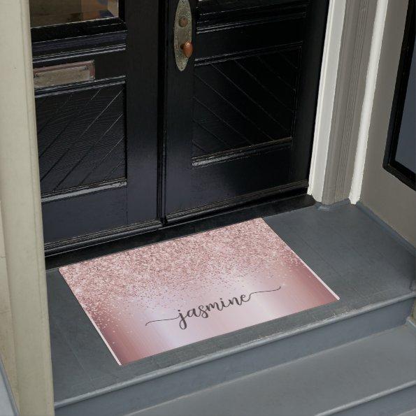 Stylish Rose Gold Glitter Monogram Name Signature Doormat