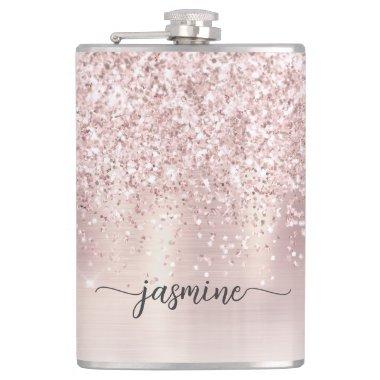 Stylish Rose Gold Glitter Monogram Name Signature Flask