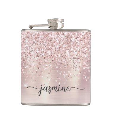 Stylish Rose Gold Glitter Monogram Name Signature Flask