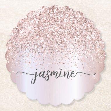 Stylish Rose Gold Glitter Monogram Name Signature Paper Coaster