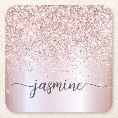 Stylish Rose Gold Glitter Monogram Name Signature Square Paper Coaster