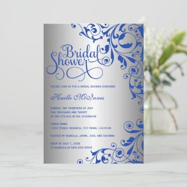 Stylish Royal Blue and Silver Swirls Bridal Shower Invitations