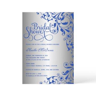 Stylish Royal Blue and Silver Swirls Bridal Shower Invitations