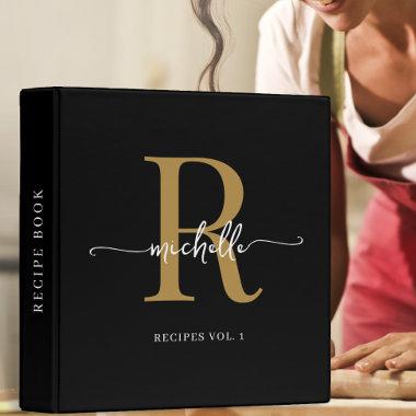 Stylish Script Black Gold Monogram Cookbook Recipe 3 Ring Binder