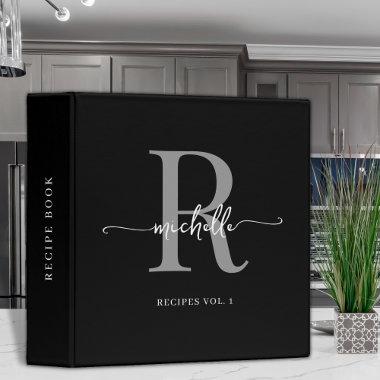 Stylish Script Black Gray Monogram Cookbook Recipe 3 Ring Binder