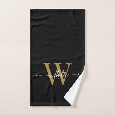 Stylish Script Elegant Black Gold Monogram Name Hand Towel