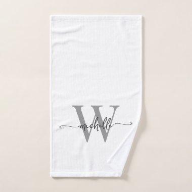 Stylish Script Elegant White Gray Monogram Name Hand Towel