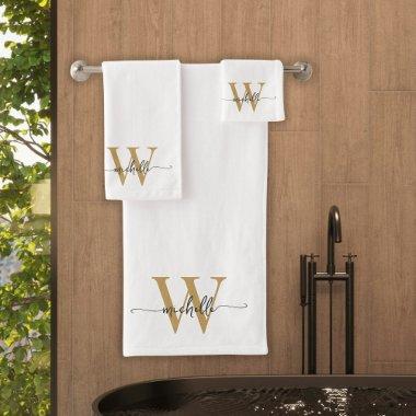 Stylish Script Modern White Gold Monogram Name Bath Towel Set