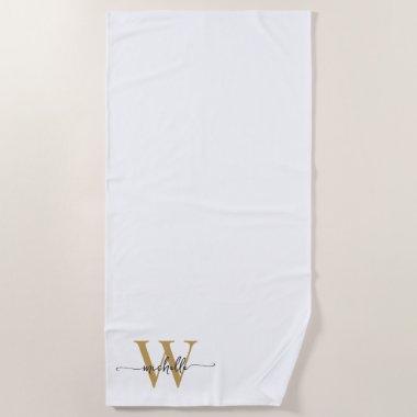 Stylish Script Modern White Gold Monogram Name Beach Towel
