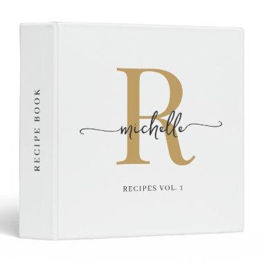 Stylish Script White Gold Monogram Cookbook Recipe 3 Ring Binder