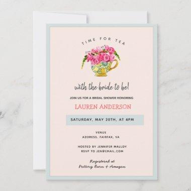 Stylish Tea Party pink and blue Bridal shower Invitations