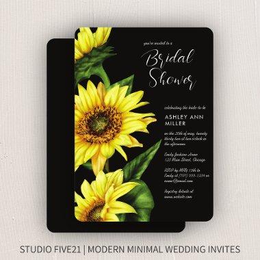 Stylish Watercolor Sunflower Black Wedding Shower