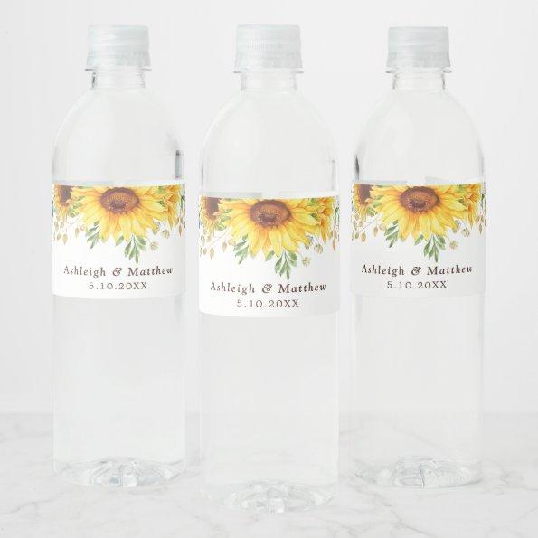 Stylish Watercolor Sunflowers Boho Garden Wedding Water Bottle Label