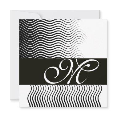 STYLISH WAVES MONOGRAM, black and white Invitations