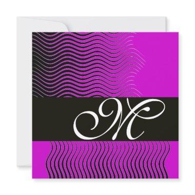 STYLISH WAVES MONOGRAM, black and white,purple Invitations