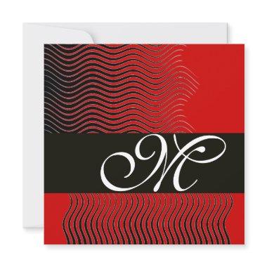 STYLISH WAVES MONOGRAM, black and white,red Invitations