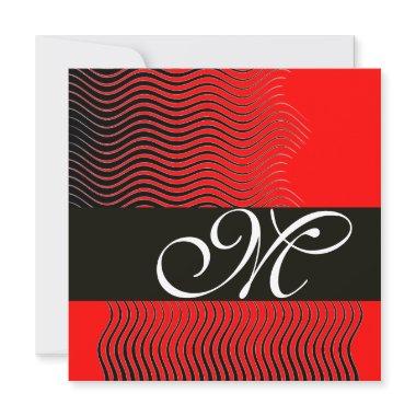 STYLISH WAVES MONOGRAM, black and white,red Invitations