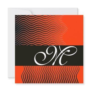 STYLISH WAVES MONOGRAM, black and white,red Invitations