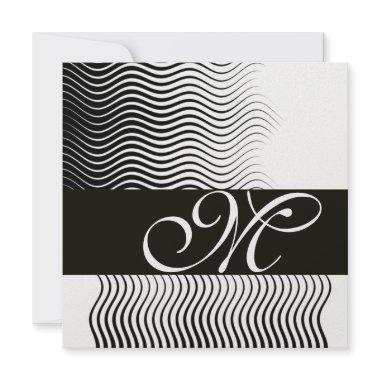 STYLISH WAVES MONOGRAM,black white,ice metallic Invitations