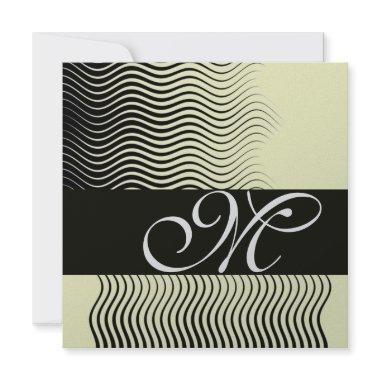 STYLISH WAVES MONOGRAM,black white,silver metallic Invitations