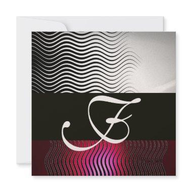 STYLISH WAVES MONOGRAM, Silver Red Ruby Burgundy Invitations