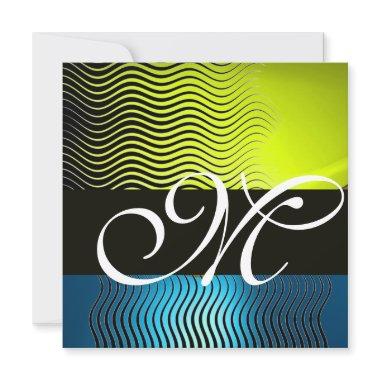 STYLISH WAVES MONOGRAM, yellow blue sapphire Invitations