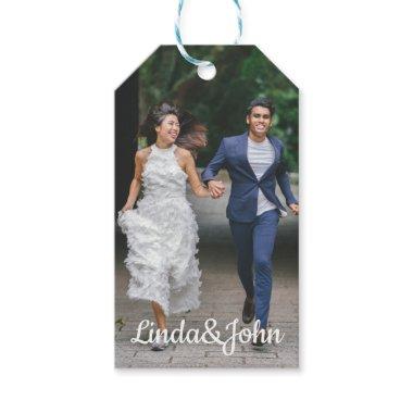 stylish wedding photo, classic script, gift tags