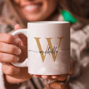 Stylish White and Gold Monogram Name Script Coffee Mug