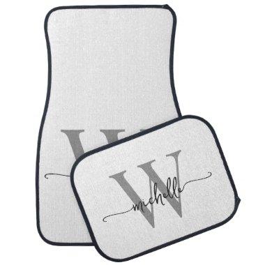 Stylish White Gray Monogram Name Girly Script Car Floor Mat