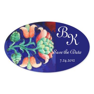 STYLIZED FLOWER,PINK GREEN BLUE FLORAL MONOGRAM OVAL STICKER