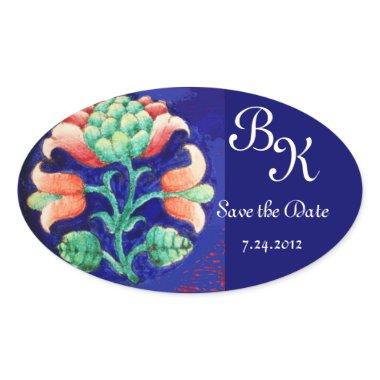 STYLIZED FLOWER,PINK GREEN BLUE FLORAL MONOGRAM OVAL STICKER