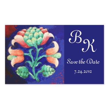 STYLIZED FLOWER,PINK GREEN BLUE FLORAL MONOGRAM RECTANGULAR STICKER