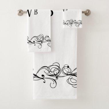 Stylized Swirly Border Monogram Bath Towel Set