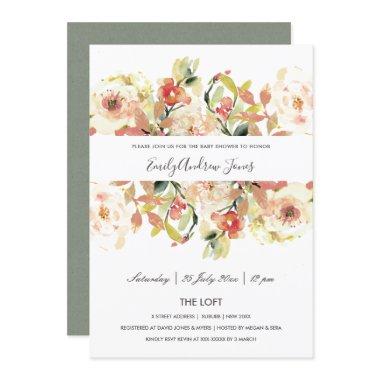 SUBTLE PEACH PINK WATERCOLOR FLORAL BABY SHOWER Invitations