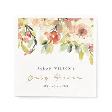 SUBTLE PEACH PINK WATERCOLOR FLORAL BABY SHOWER PAPER NAPKINS