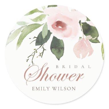 SUBTLE SOFT BLUSH PINK ROSE FLORAL BRIDAL SHOWER CLASSIC ROUND STICKER