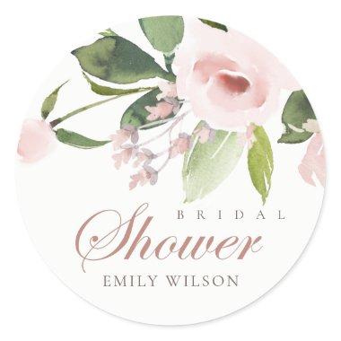 SUBTLE SOFT BLUSH PINK ROSE FLORAL BRIDAL SHOWER CLASSIC ROUND STICKER