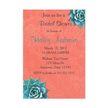 Succulent Bridal Shower Watercolor Orange Lace Invitations