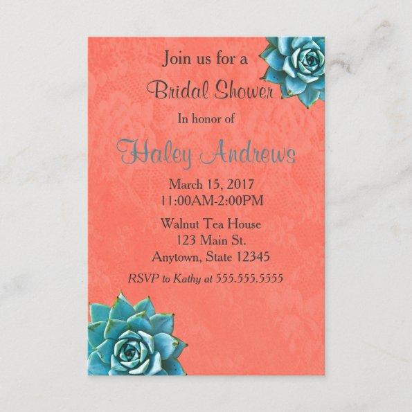 Succulent Bridal Shower Watercolor Orange Lace Invitations
