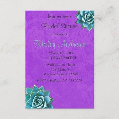 Succulent Bridal Shower Watercolor Purple Lace Invitations