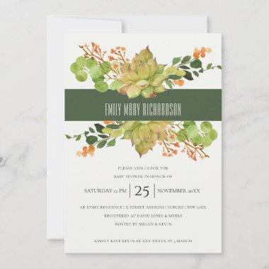 SUCCULENT CACTUS FLORAL WATERCOLOR BABY SHOWER Invitations
