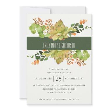 SUCCULENT CACTUS FLORAL WATERCOLOR BABY SHOWER Invitations